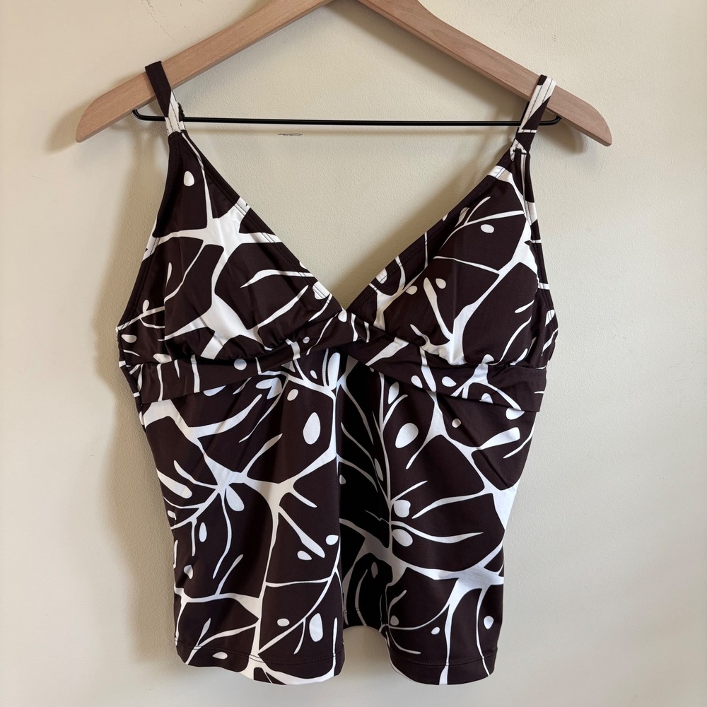 Jag Swim Tankini Top XL Brown White Tropical Monstera Leaf Print No Padding